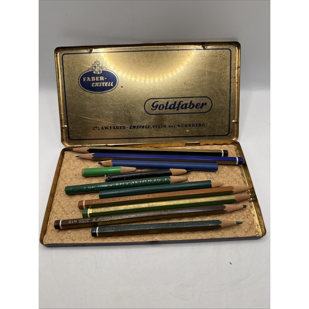 Vintage Faber Castell Goldfaber Metal Tin Box & VTG Colored Pencils RARE Germany